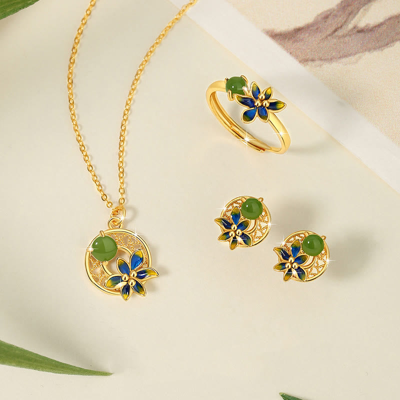 Buddha Stones 925 Sterling Silver Natural Hetian Cyan Jade Flower Luck Necklace Pendant Ring Earrings Set - 3Pcs (Necklace&Ring&Earrings) - image 0