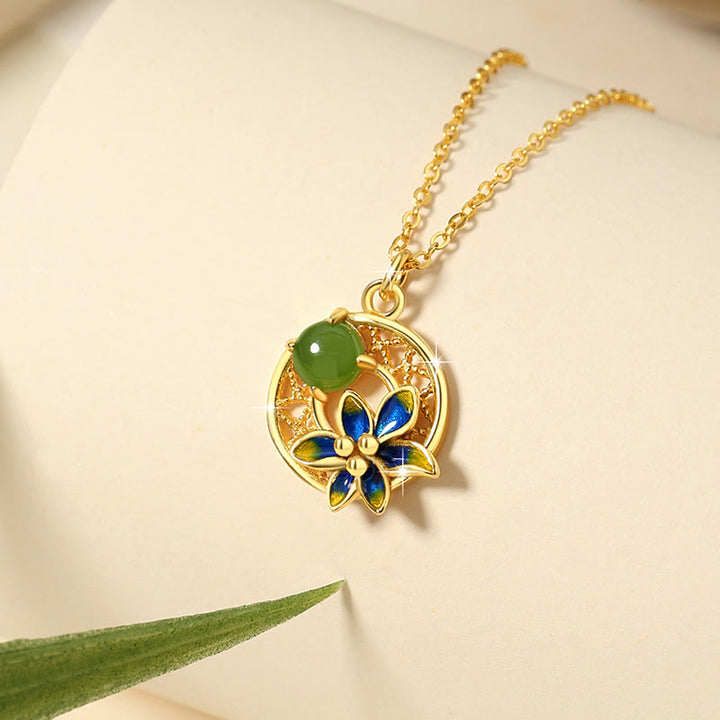 Buddha Stones 925 Sterling Silver Natural Hetian Cyan Jade Flower Luck Necklace Pendant Ring Earrings Set - image 3