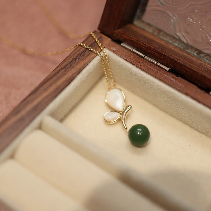 Buddha Stones Natural Butterfly Tridacna Stone Cyan Jade Copper Plated Gold Calm Necklace Pendant Ring Earrings Set - image 3
