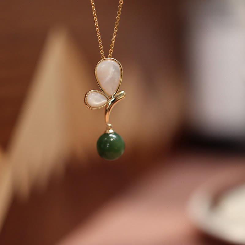 Buddha Stones Natural Butterfly Tridacna Stone Cyan Jade Copper Plated Gold Calm Necklace Pendant Ring Earrings Set - Necklace - image 2
