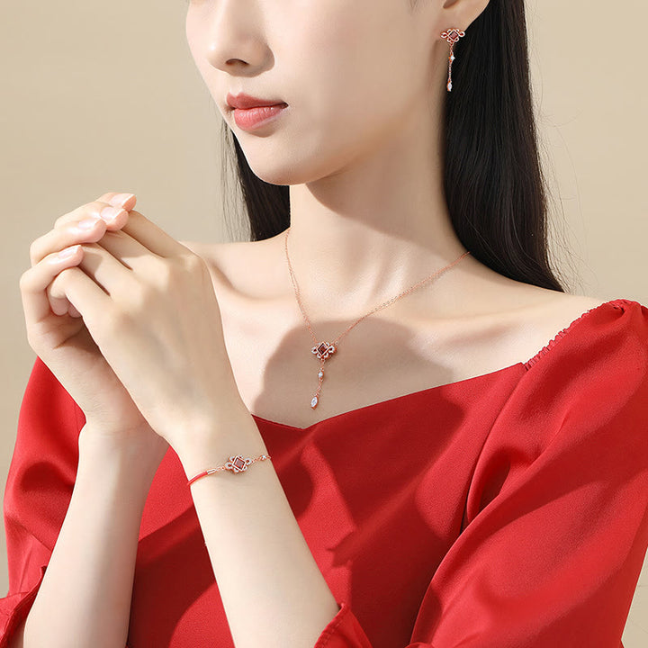 Buddha Stones 925 Sterling Silver Chinese Knotting Red Zircon Wealth Necklace Pendant Bracelet Earrings Set - image 1