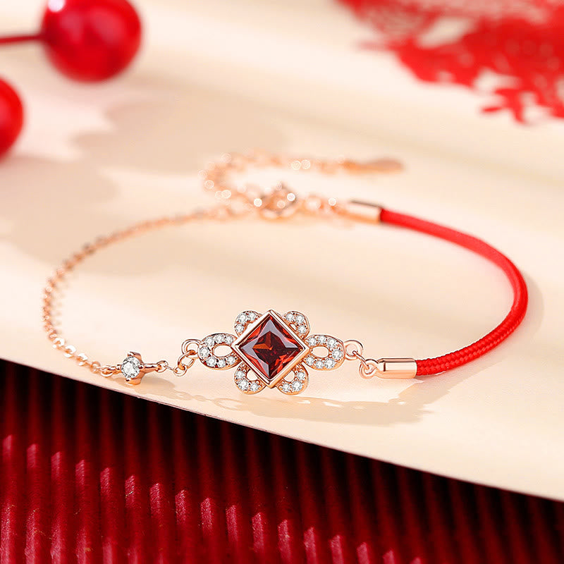 Buddha Stones 925 Sterling Silver Chinese Knotting Red Zircon Wealth Necklace Pendant Bracelet Earrings Set - Bracelet(Wrist Circumference 14-16cm) - image 3