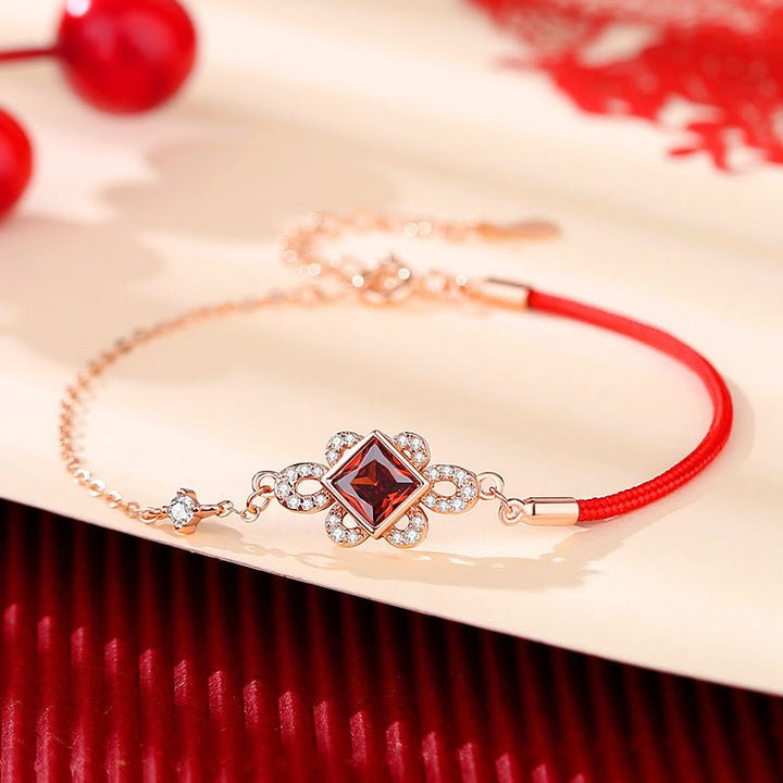 Buddha Stones 925 Sterling Silver Chinese Knotting Red Zircon Wealth Necklace Pendant Bracelet Earrings Set - Bracelet(Wrist Circumference 14-16cm) - image 3