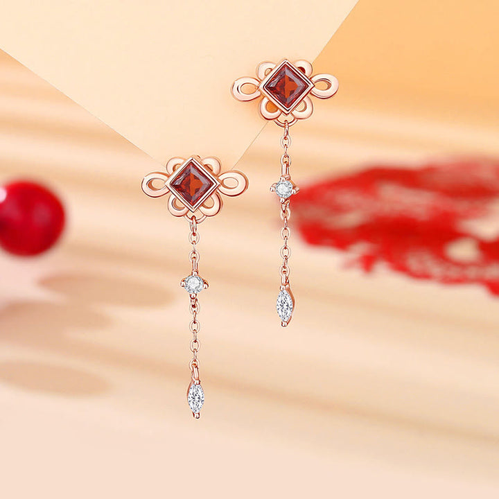 Buddha Stones 925 Sterling Silver Chinese Knotting Red Zircon Wealth Necklace Pendant Bracelet Earrings Set - Earrings - image 5