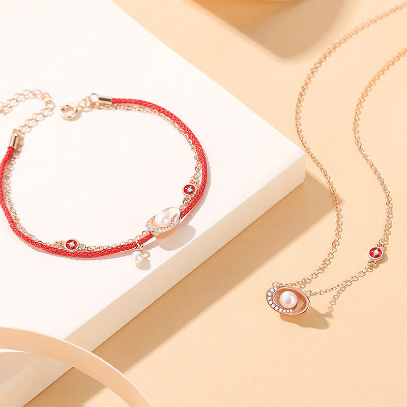 Buddha Stones 925 Sterling Silver Pearl Ingots Copper Coins Healing Necklace Pendant Red Rope Bracelet Set - 2Pcs(Necklace&Bracelet) - image 0
