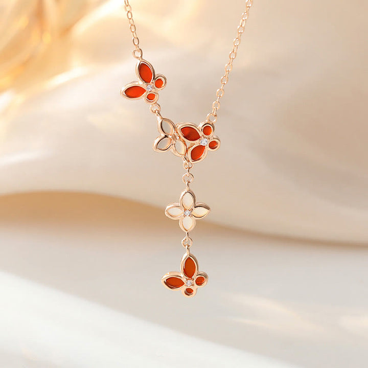 Buddha Stones 925 Sterling Silver Red Agate Tridacna Stone Butterfly Four Leaf Clover Calm Bracelet Necklace Pendant Set - Necklace - image 3