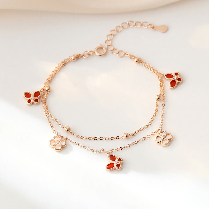 Buddha Stones 925 Sterling Silver Red Agate Tridacna Stone Butterfly Four Leaf Clover Calm Bracelet Necklace Pendant Set - Bracelet(Wrist Circumference 14-17cm) - image 4