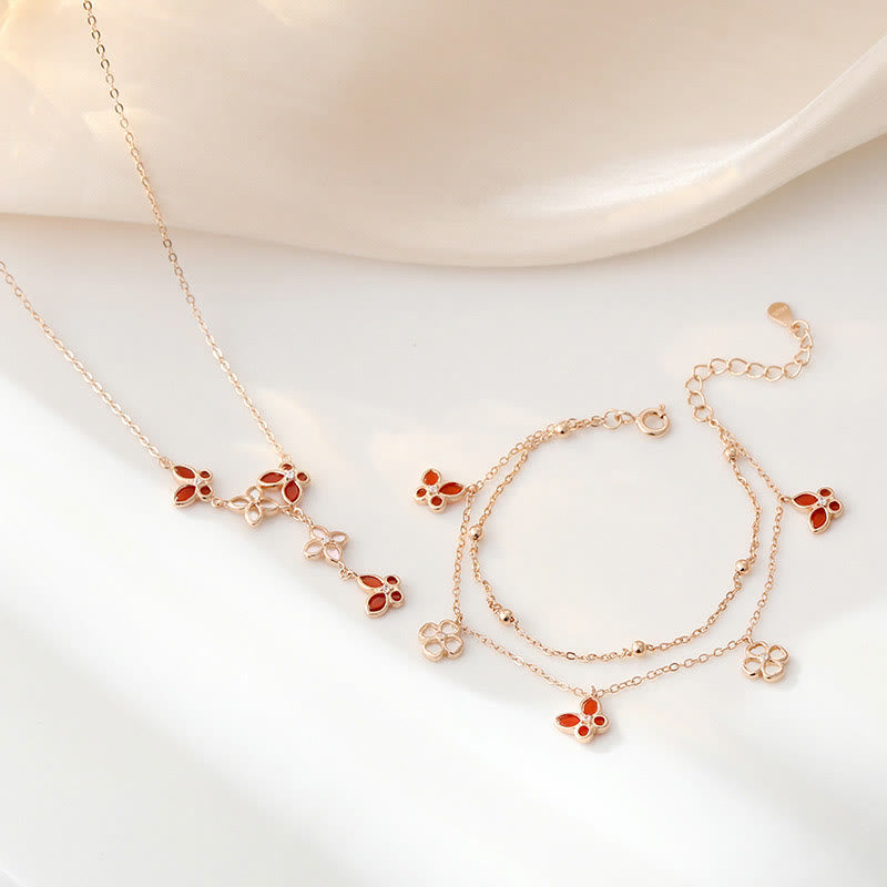 Buddha Stones 925 Sterling Silver Red Agate Tridacna Stone Butterfly Four Leaf Clover Calm Bracelet Necklace Pendant Set - 2Pcs(NecklaceBracelet) - image 0