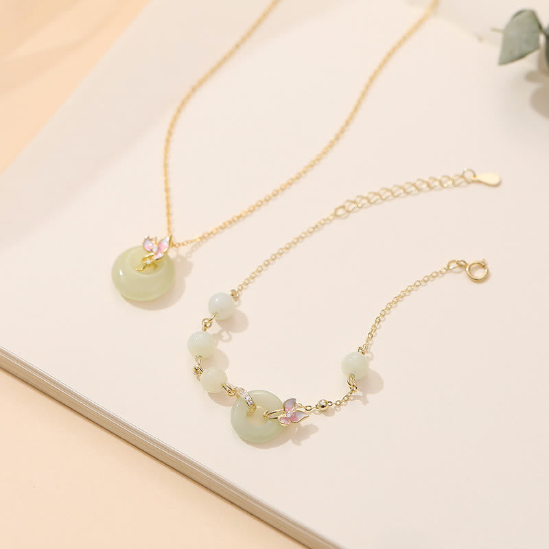 Buddha Stones 925 Sterling Silver Natural Hetian Jade Peace Buckle Orchid Luck Bracelet Necklace Pendant Set - 2Pcs(Necklace&Bracelet) - image 0