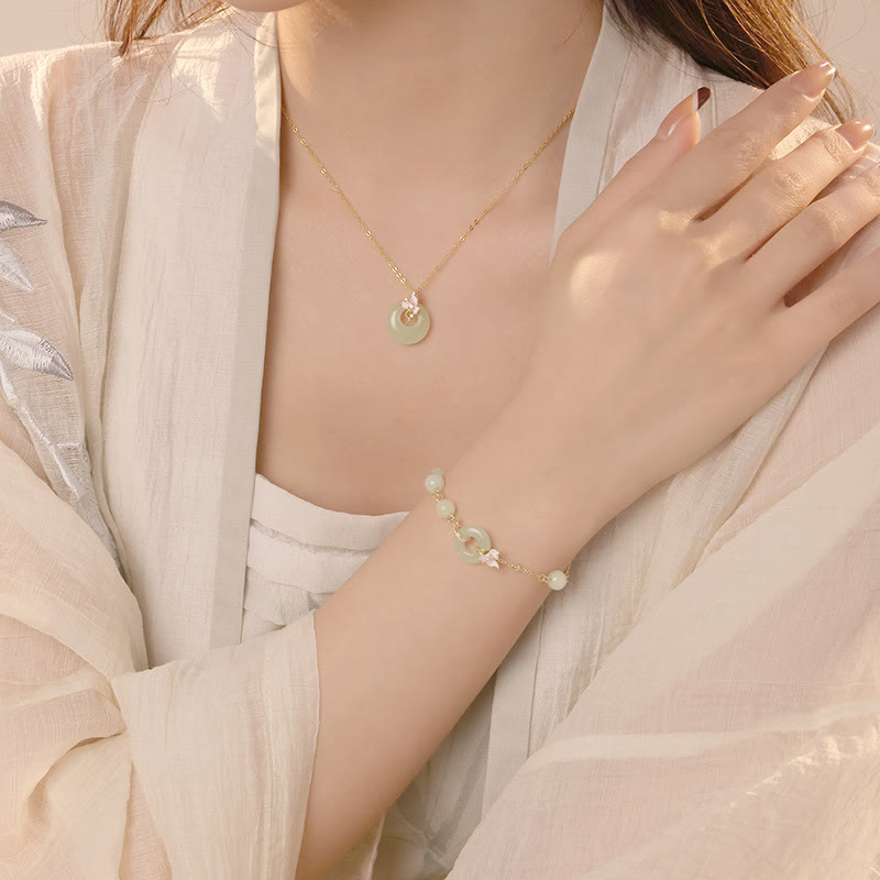 Buddha Stones 925 Sterling Silver Natural Hetian Jade Peace Buckle Orchid Luck Bracelet Necklace Pendant Set - image 1