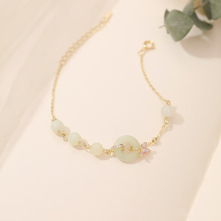 Buddha Stones 925 Sterling Silver Natural Hetian Jade Peace Buckle Orchid Luck Bracelet Necklace Pendant Set - image 5