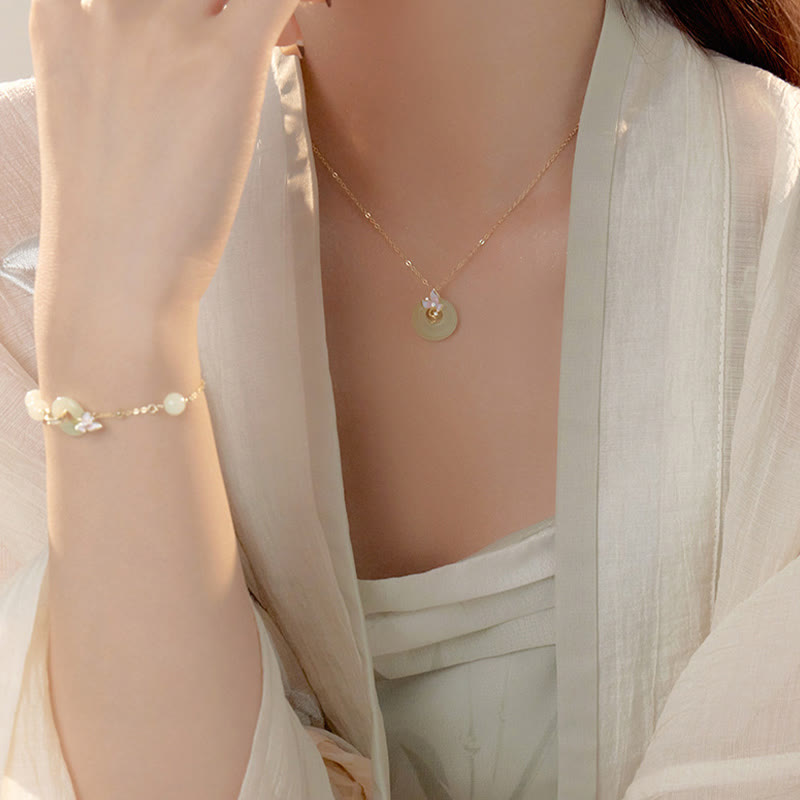 Buddha Stones 925 Sterling Silver Natural Hetian Jade Peace Buckle Orchid Luck Bracelet Necklace Pendant Set - image 2