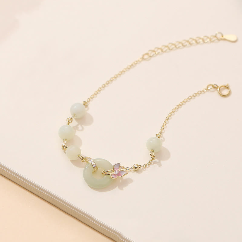 Buddha Stones 925 Sterling Silver Natural Hetian Jade Peace Buckle Orchid Luck Bracelet Necklace Pendant Set - Bracelet(Wrist Circumference 14-17cm) - image 4
