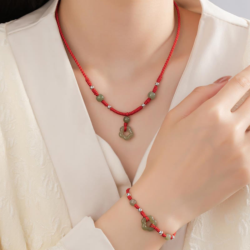 Buddha Stones 925 Sterling Silver Natural Hetian Cyan Jade Flower Pentagram Luck Red Rope Necklace Pendant Bracelet Set - image 1