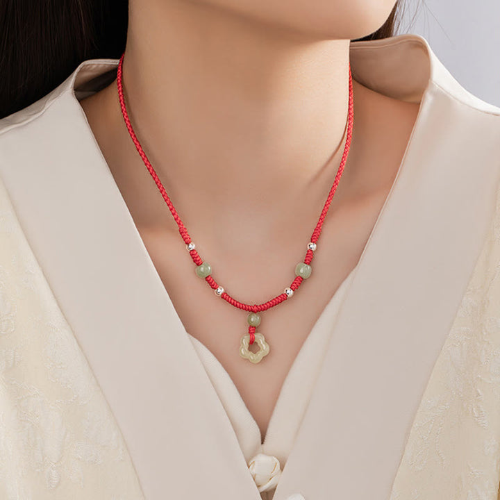 Buddha Stones 925 Sterling Silver Natural Hetian Cyan Jade Flower Pentagram Luck Red Rope Necklace Pendant Bracelet Set - image 8