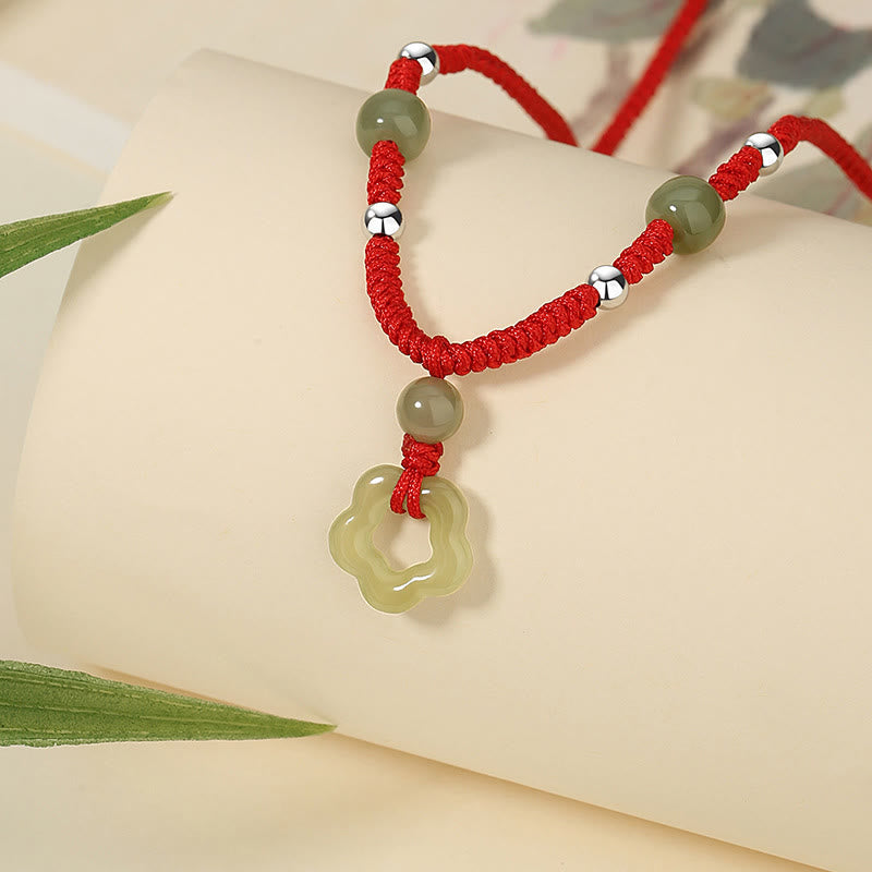 Buddha Stones 925 Sterling Silver Natural Hetian Cyan Jade Flower Pentagram Luck Red Rope Necklace Pendant Bracelet Set - image 4