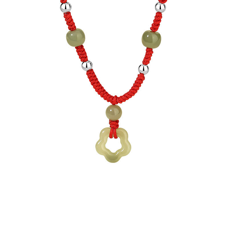Buddha Stones 925 Sterling Silver Natural Hetian Cyan Jade Flower Pentagram Luck Red Rope Necklace Pendant Bracelet Set - image 9