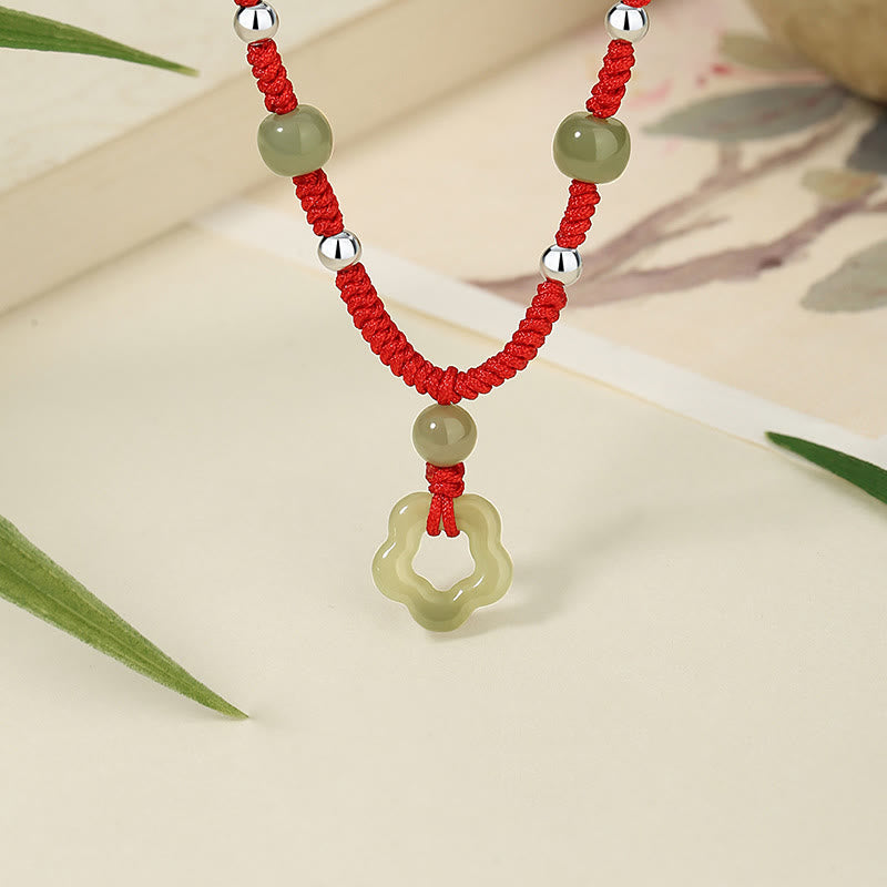 Buddha Stones 925 Sterling Silver Natural Hetian Cyan Jade Flower Pentagram Luck Red Rope Necklace Pendant Bracelet Set - Necklace - image 2