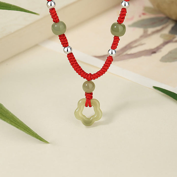 Buddha Stones 925 Sterling Silver Natural Hetian Cyan Jade Flower Pentagram Luck Red Rope Necklace Pendant Bracelet Set - Necklace - image 2
