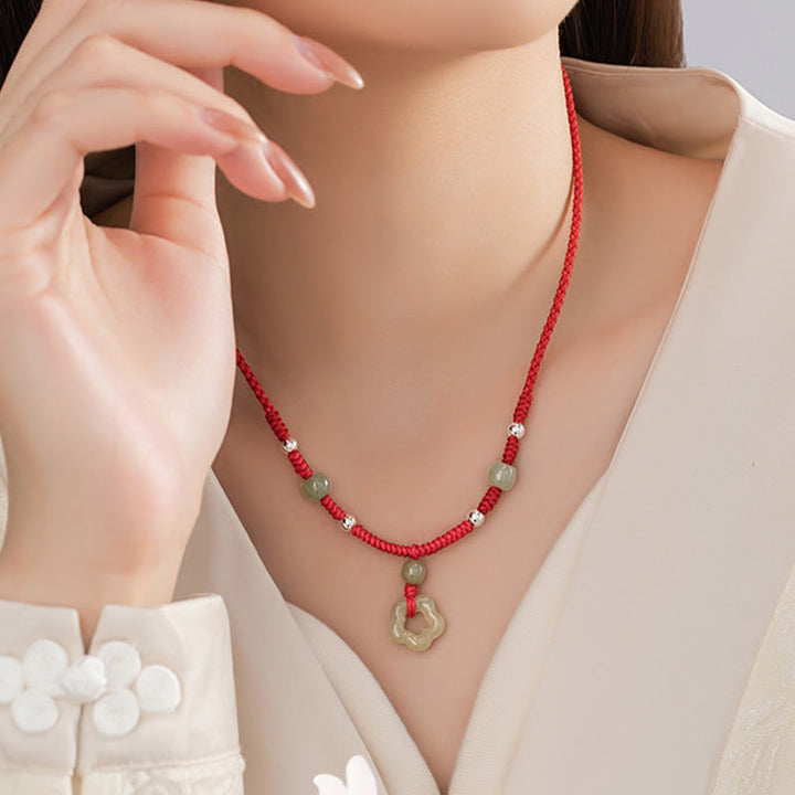 Buddha Stones 925 Sterling Silver Natural Hetian Cyan Jade Flower Pentagram Luck Red Rope Necklace Pendant Bracelet Set - image 7