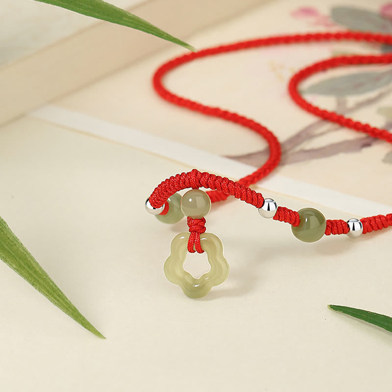 Buddha Stones 925 Sterling Silver Natural Hetian Cyan Jade Flower Pentagram Luck Red Rope Necklace Pendant Bracelet Set - image 3