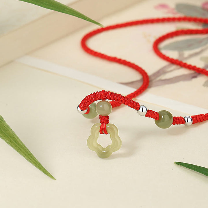 Buddha Stones 925 Sterling Silver Natural Hetian Cyan Jade Flower Pentagram Luck Red Rope Necklace Pendant Bracelet Set - image 3