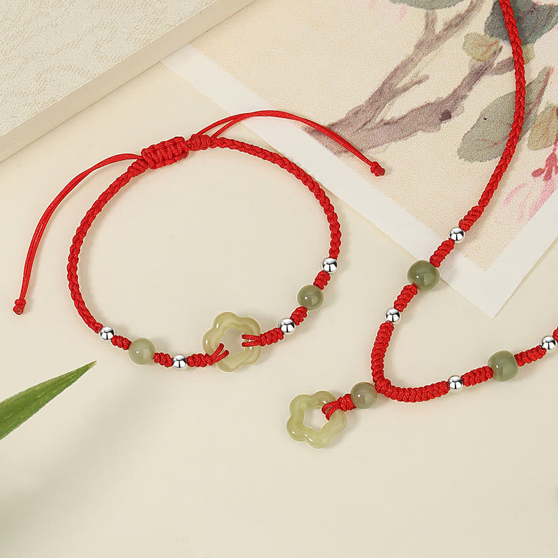Buddha Stones 925 Sterling Silver Natural Hetian Cyan Jade Flower Pentagram Luck Red Rope Necklace Pendant Bracelet Set - 2Pcs(Necklace&Bracelet) - image 0