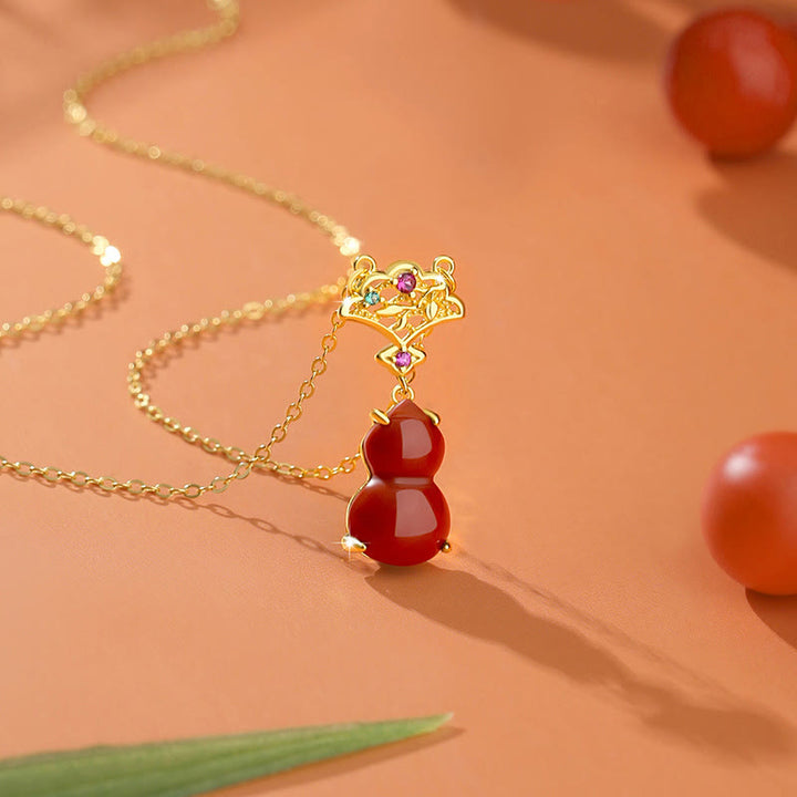 Buddha Stones 925 Sterling Silver Red Agate Gourd Auspicious Clouds Confidence Bracelet Necklace Pendant Earrings Set - Necklace - image 2
