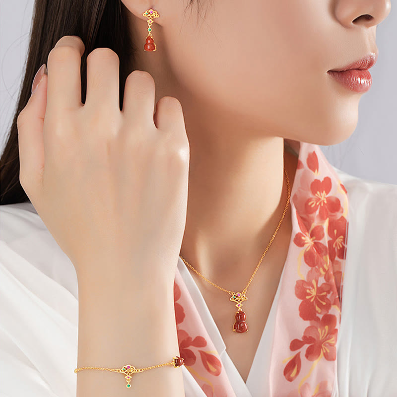Buddha Stones 925 Sterling Silver Red Agate Gourd Auspicious Clouds Confidence Bracelet Necklace Pendant Earrings Set - image 1