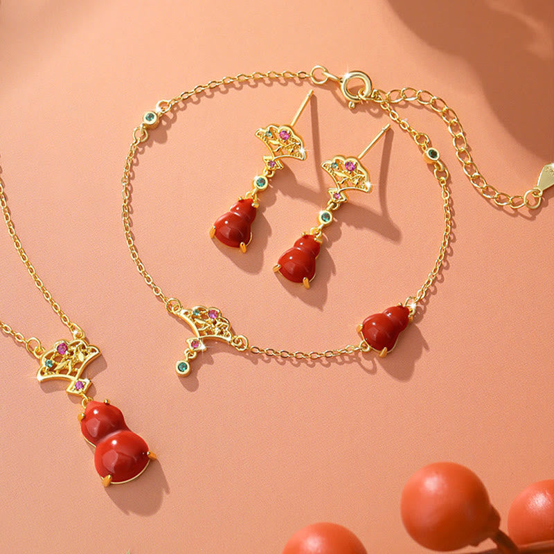 Buddha Stones 925 Sterling Silver Red Agate Gourd Auspicious Clouds Confidence Bracelet Necklace Pendant Earrings Set - 3Pcs(Necklace Bracelet&Earrings) - image 0