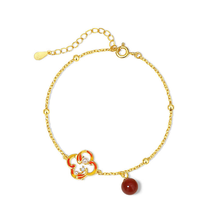 Buddha Stones 925 Sterling Silver Four Leaf Clover Koi Fish Red Agate Pearl Wealth Bracelet Necklace Pendant Earrings Set - Bracelet(Wrist Circumference 14-16cm) - image 8