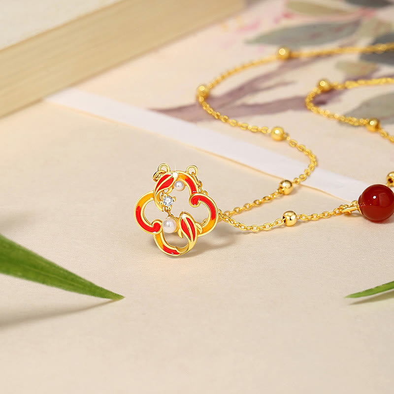 Buddha Stones 925 Sterling Silver Four Leaf Clover Koi Fish Red Agate Pearl Wealth Bracelet Necklace Pendant Earrings Set - image 3