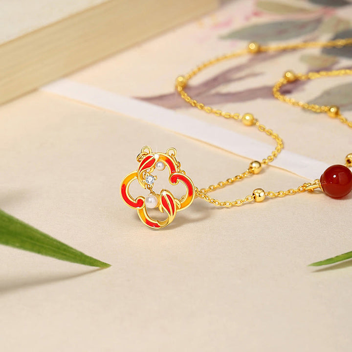 Buddha Stones 925 Sterling Silver Four Leaf Clover Koi Fish Red Agate Pearl Wealth Bracelet Necklace Pendant Earrings Set - image 3