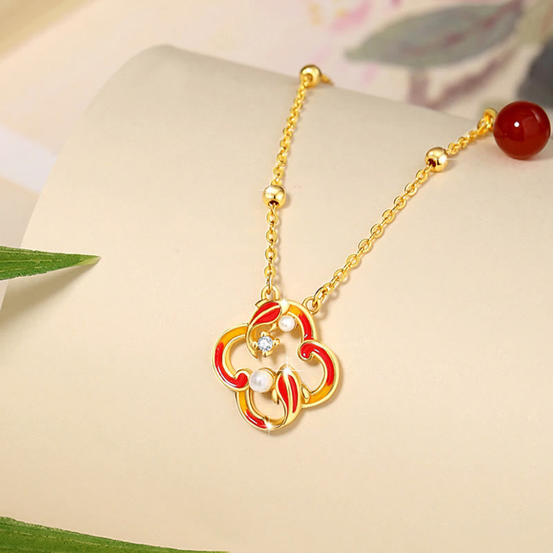 Buddha Stones 925 Sterling Silver Four Leaf Clover Koi Fish Red Agate Pearl Wealth Bracelet Necklace Pendant Earrings Set - image 4