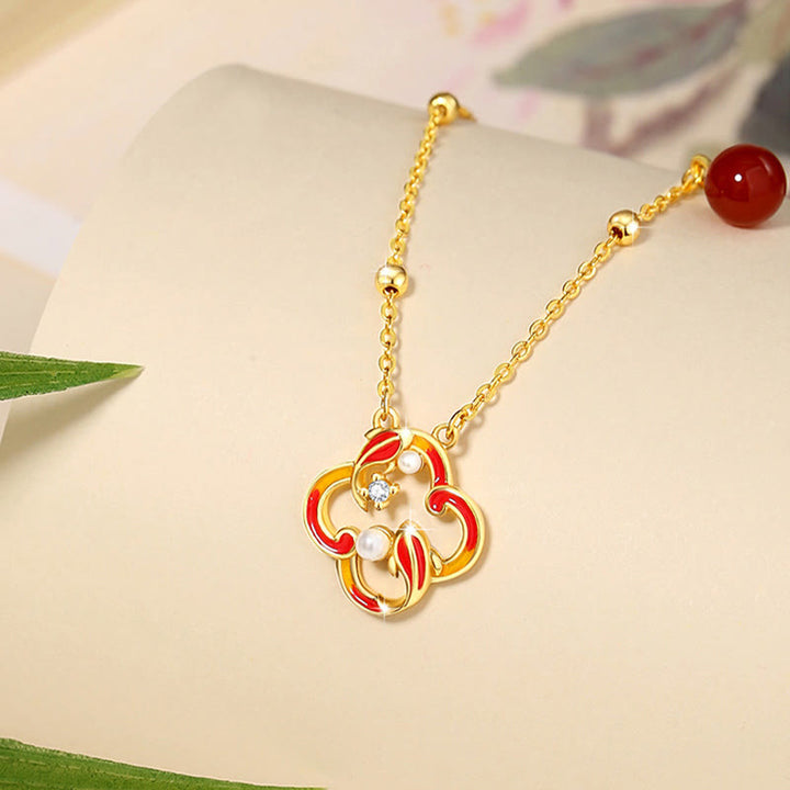 Buddha Stones 925 Sterling Silver Four Leaf Clover Koi Fish Red Agate Pearl Wealth Bracelet Necklace Pendant Earrings Set - image 4