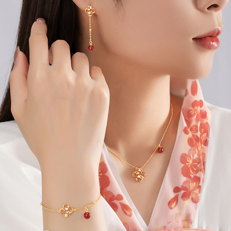 Buddha Stones 925 Sterling Silver Four Leaf Clover Koi Fish Red Agate Pearl Wealth Bracelet Necklace Pendant Earrings Set - image 1