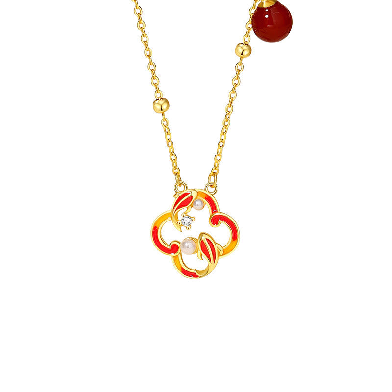 Buddha Stones 925 Sterling Silver Four Leaf Clover Koi Fish Red Agate Pearl Wealth Bracelet Necklace Pendant Earrings Set - image 7