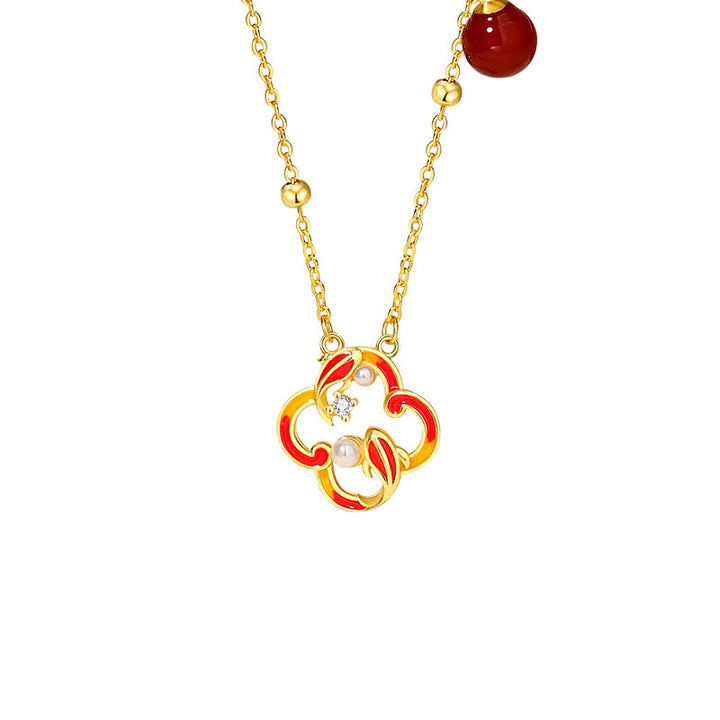 Buddha Stones 925 Sterling Silver Four Leaf Clover Koi Fish Red Agate Pearl Wealth Bracelet Necklace Pendant Earrings Set - image 7