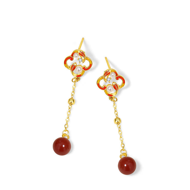 Buddha Stones 925 Sterling Silver Four Leaf Clover Koi Fish Red Agate Pearl Wealth Bracelet Necklace Pendant Earrings Set - Earrings(925 Sterling Silver Posts) - image 9
