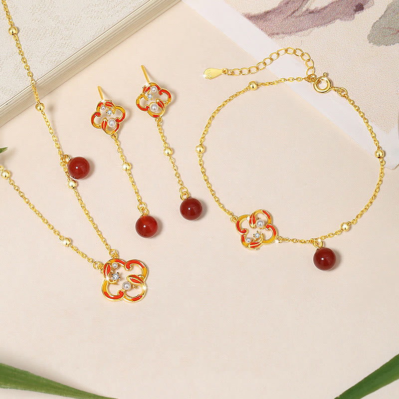 Buddha Stones 925 Sterling Silver Four Leaf Clover Koi Fish Red Agate Pearl Wealth Bracelet Necklace Pendant Earrings Set - 3Pcs(Bracelet Necklace&Earrings) - image 0
