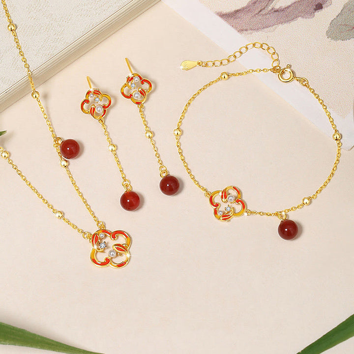 Buddha Stones 925 Sterling Silver Four Leaf Clover Koi Fish Red Agate Pearl Wealth Bracelet Necklace Pendant Earrings Set - 3Pcs(Bracelet Necklace&Earrings) - image 0