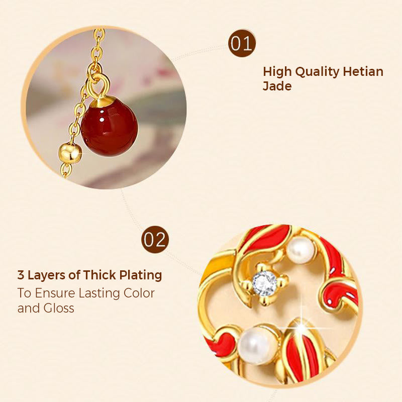 Buddha Stones 925 Sterling Silver Four Leaf Clover Koi Fish Red Agate Pearl Wealth Bracelet Necklace Pendant Earrings Set - image 5
