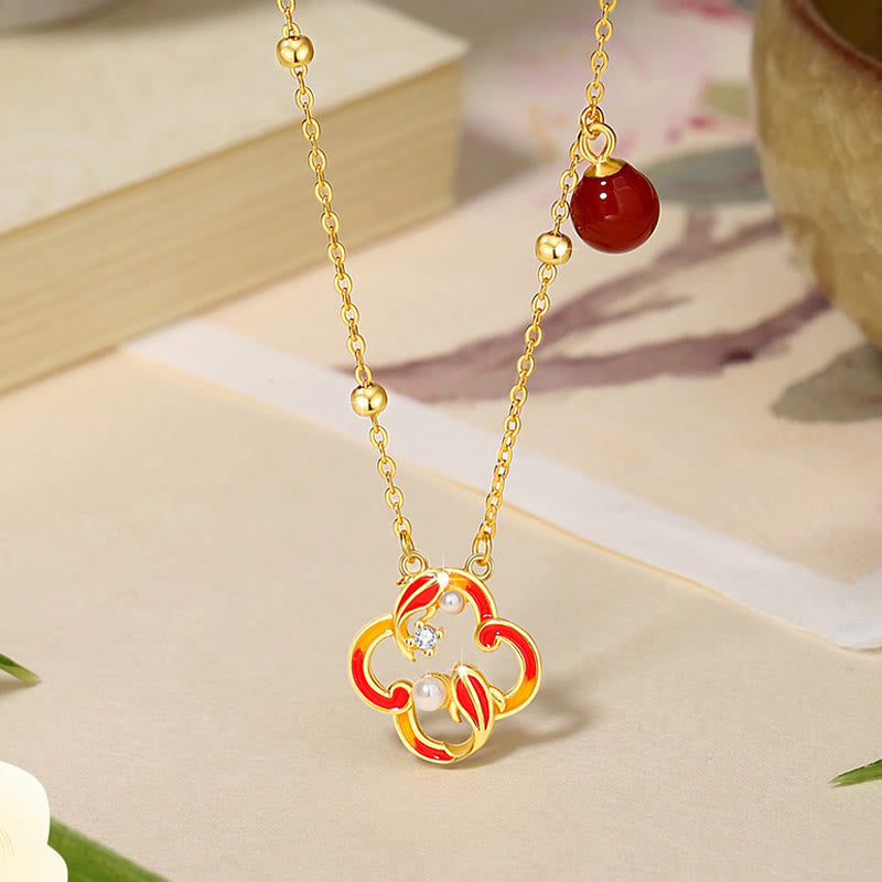 Buddha Stones 925 Sterling Silver Four Leaf Clover Koi Fish Red Agate Pearl Wealth Bracelet Necklace Pendant Earrings Set - Necklace - image 2