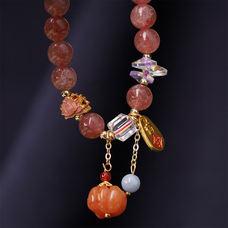 Buddha Stones Natural Strawberry Quartz Fu Character Pumpkin Charm Positive Bracelet - image 5