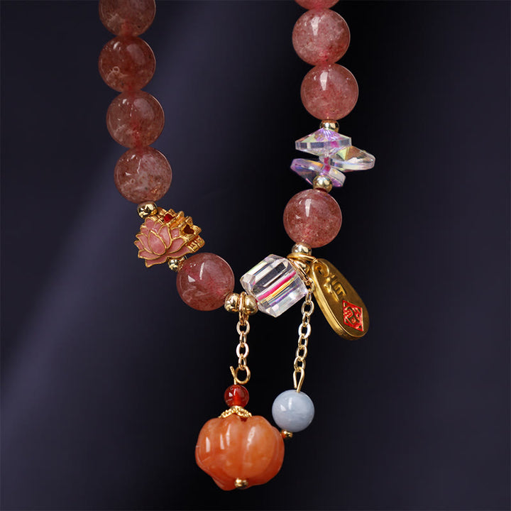 Buddha Stones Natural Strawberry Quartz Fu Character Pumpkin Charm Positive Bracelet - image 5