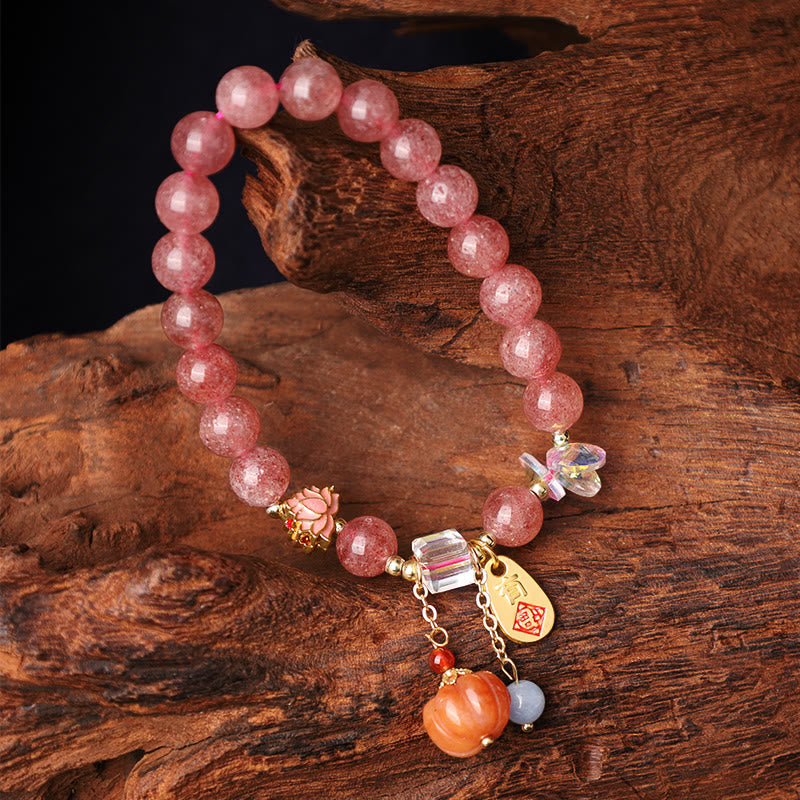 Buddha Stones Natural Strawberry Quartz Fu Character Pumpkin Charm Positive Bracelet - image 8