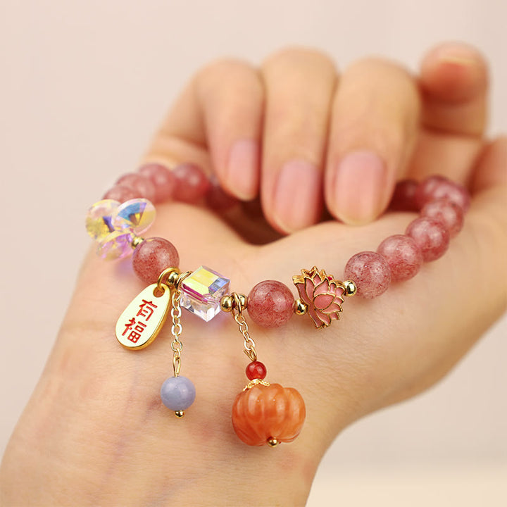 Buddha Stones Natural Strawberry Quartz Fu Character Pumpkin Charm Positive Bracelet - image 3
