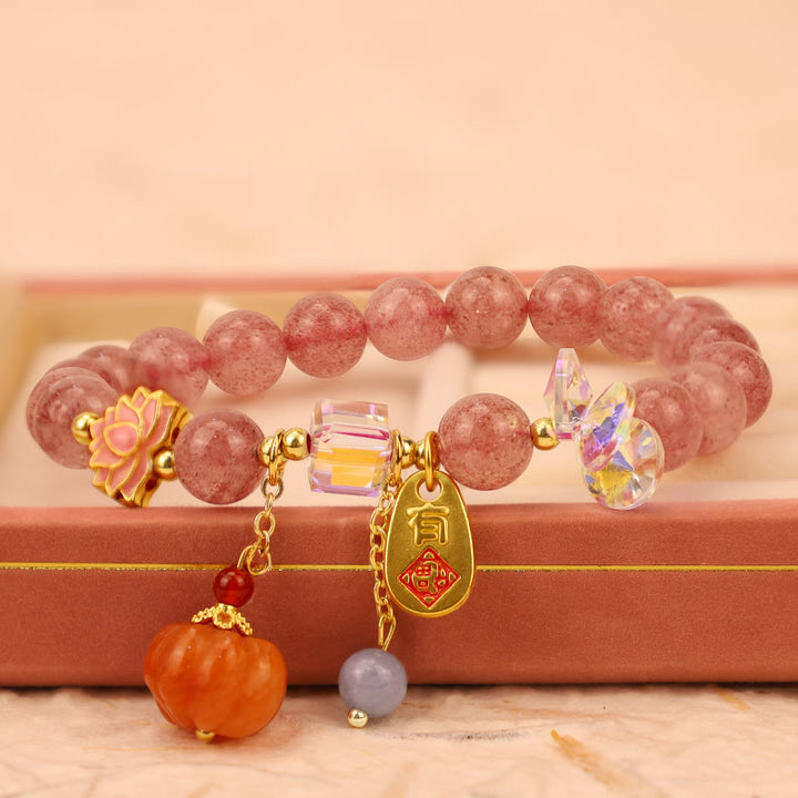 Buddha Stones Natural Strawberry Quartz Fu Character Pumpkin Charm Positive Bracelet - image 2
