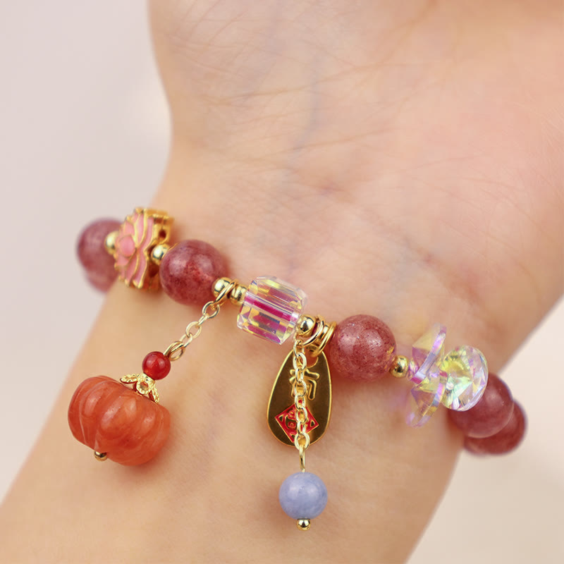 Buddha Stones Natural Strawberry Quartz Fu Character Pumpkin Charm Positive Bracelet - image 7