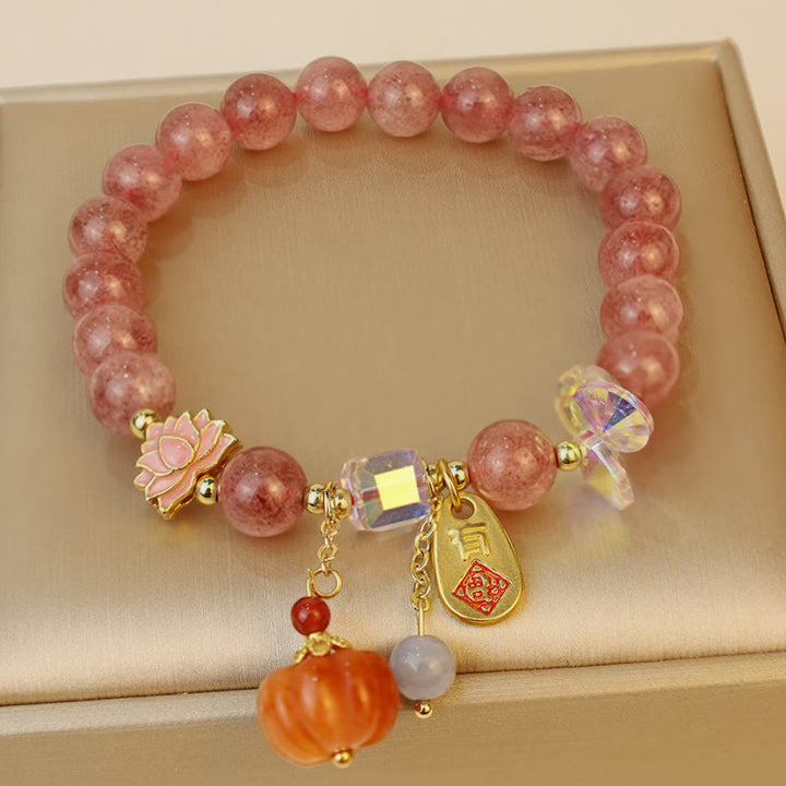 Buddha Stones Natural Strawberry Quartz Fu Character Pumpkin Charm Positive Bracelet - image 1